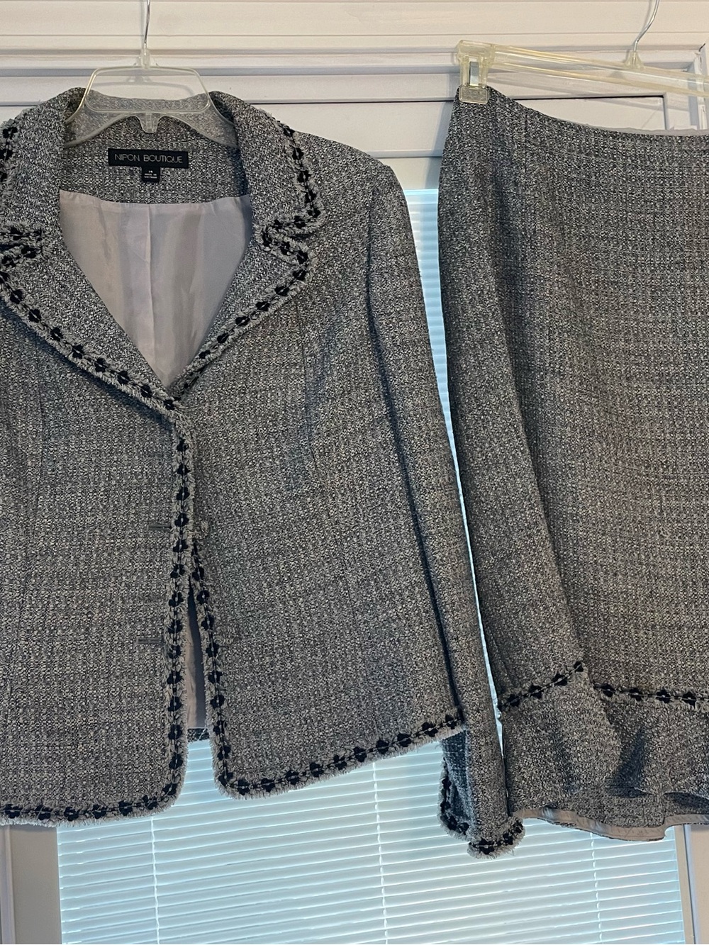 Nipon Boutique Gray Tweed Blazer and Skirt Set with Black Trim